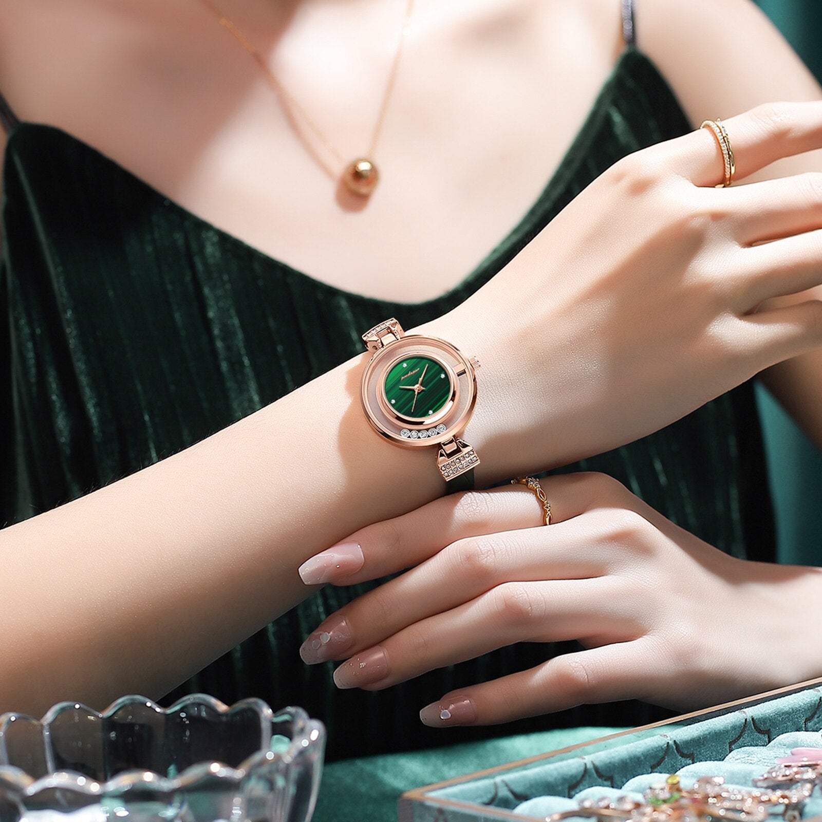 Green Envy: Leather Diamond Women's Timepiece