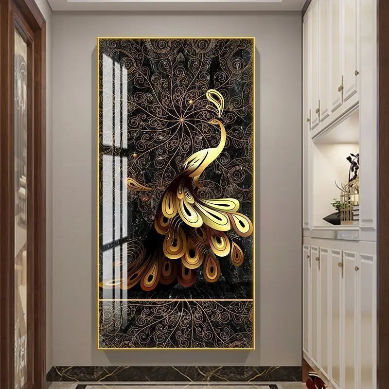 Luxury Peacock Wall Art with Vertical Lighting: Modern Minimalist Decor for Corridor & Hallway