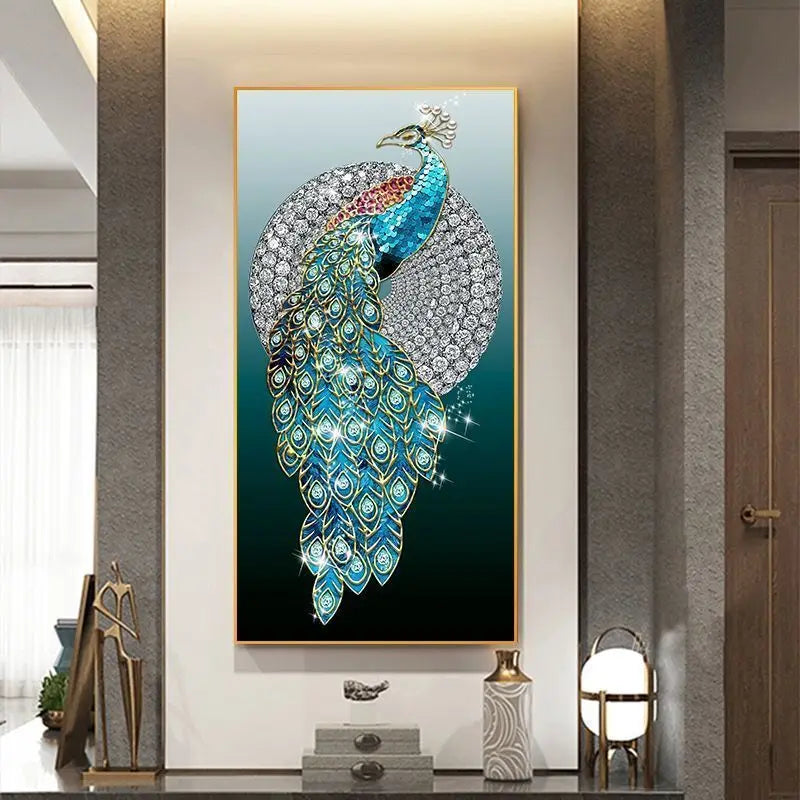 Luxury Peacock Wall Art with Vertical Lighting: Modern Minimalist Decor for Corridor & Hallway